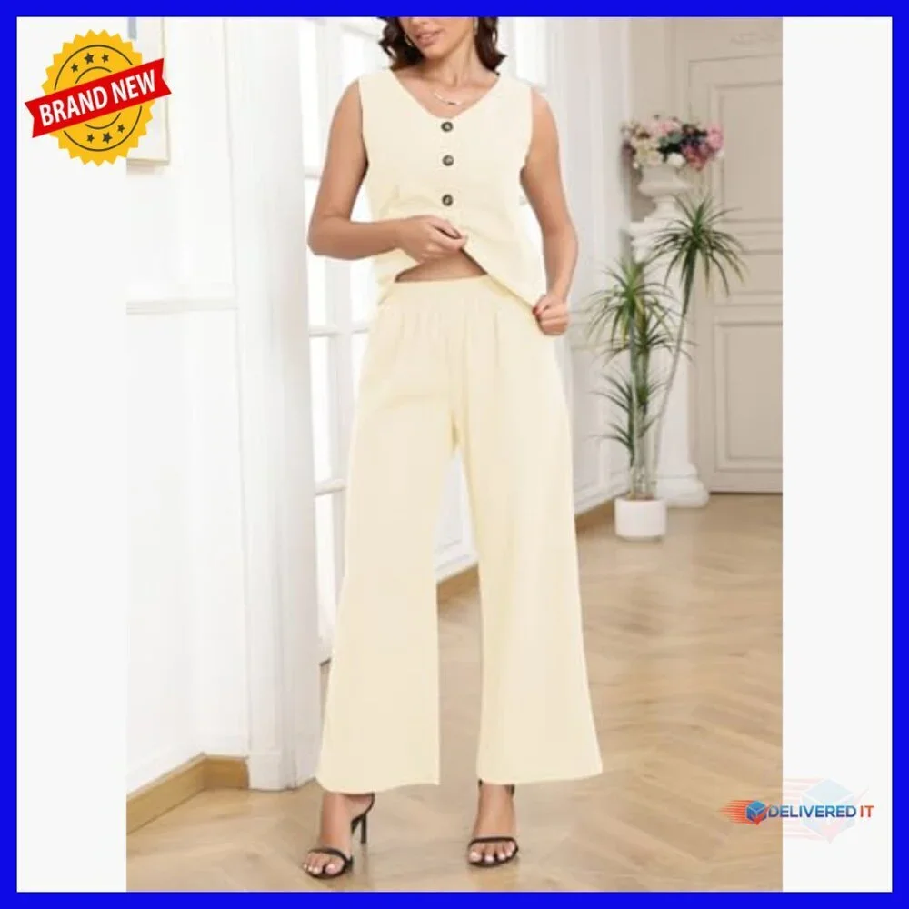 Sleeveless Vest Wide Leg Pants Set High Waist Business Casual Suit